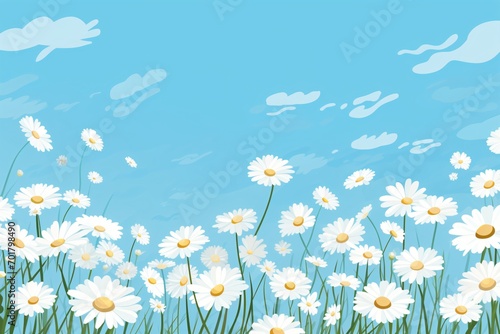 White daisy or chamomile flower print pattern with blue sky