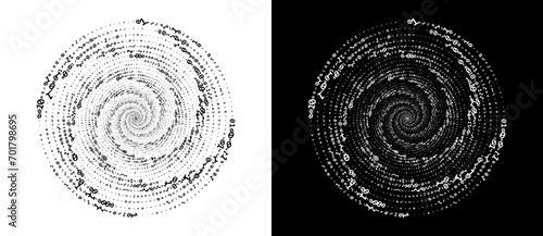 Abstract numbers one and zero in a  spiral. Big data or chaos concept, logo icon or tattoo. Black shape on a white background and the same white shape on the black side.