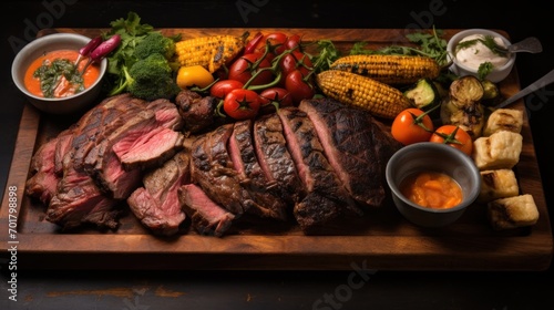  a wooden cutting board topped with steak, corn, tomatoes, corn on the cob, potatoes, and corn on the cob.