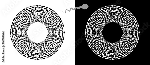 Modern abstract background. Spermatozoons in circle form. Round logo. Design element or icon. Black shape on a white background and the same white shape on the black side.