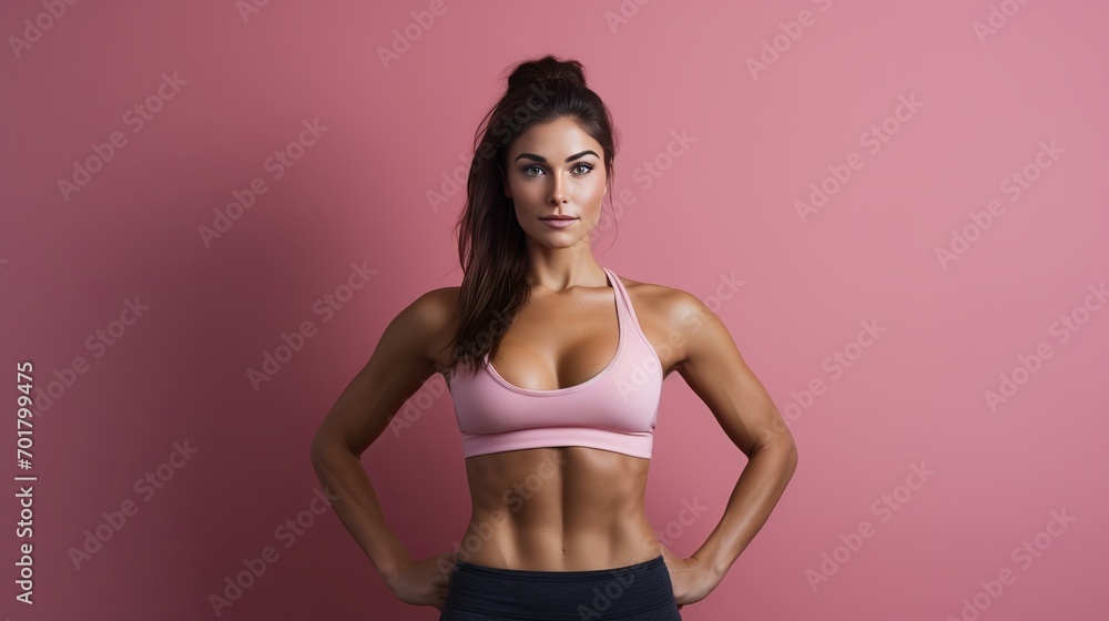 A young brunette woman exercising on a pink wall is depicted in a portrait. A young brunette woman exercising on a pink wall is depicted in a portrait.