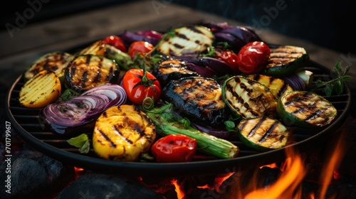  a plate of grilled vegetables sitting on top of a bbq with a fire in the backround. photo