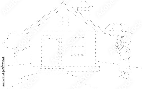 Vector illustration showing outlines of house, tree and cute girl with umbrella
