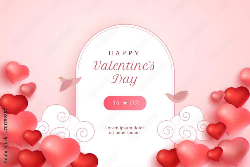 Valentine background with pink color, 3d heart. minimalist frame. clouds, birds. For greeting card, banner, flyer, promotional, website, landing page.
