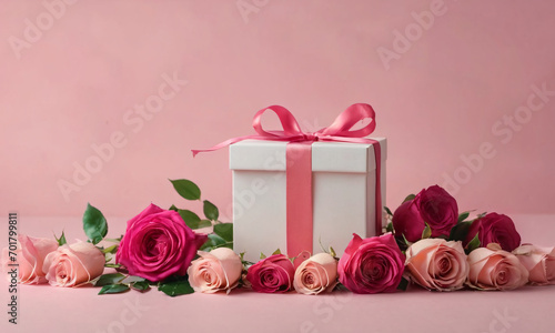 White box with a pink ribbon and some pink roses