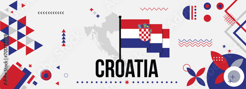 Croatia national or independence day banner for country celebration. Flag and map of Croatia with raised fists. Modern retro design with typorgaphy abstract geometric icons. Vector illustration. photo