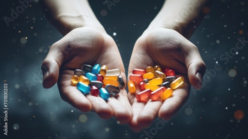 a pair of hands holding multicolored pills in the palm of a person's outstretched cuppeded hand. photo