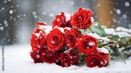 red roses on the table covered with snow in thick