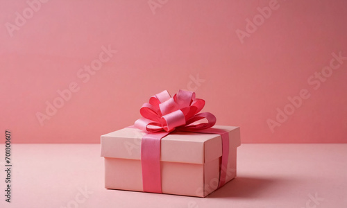 White gift box with a pink ribbon on a pink background