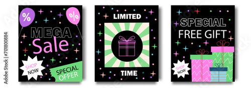 Mega Sale Poster or Banner.  Colorful design with gifts and stars. Design sale  for template, banners, wallpaper, flyers, invitation, posters, brochure, voucher discount. Vector illustration