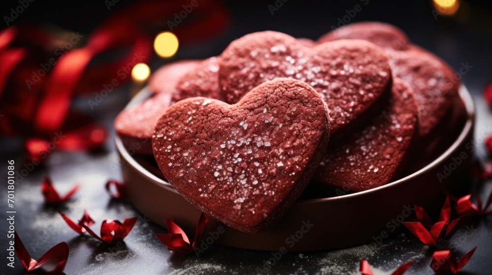 a couple of heart shaped cookies sitting on top of a bowl of red confetti on top of a table. a couple of heart shaped cookies sitting on top of a bowl of red confetti on top of a table.