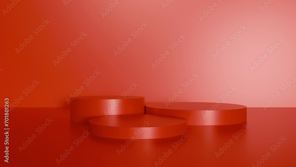 3d display stand on red background. Blank stand background. Cosmetic stand on red background.