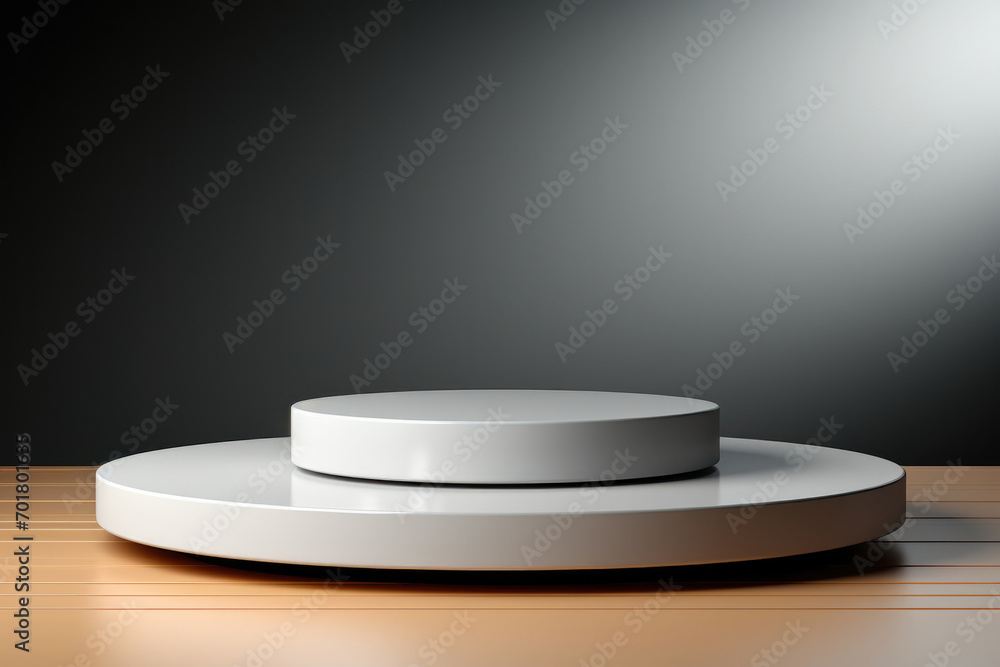 White cylindrical platform for displaying cosmetics in a minimalistic grey style White cylindrical platform for displaying cosmetics in a minimalistic grey style