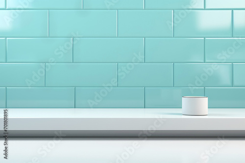 Empty clean light blue tiles wall with minimalist layout. Bathroom. Clean theme. Copy space. 