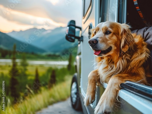 dogs camping in the car. Pets on vacation.