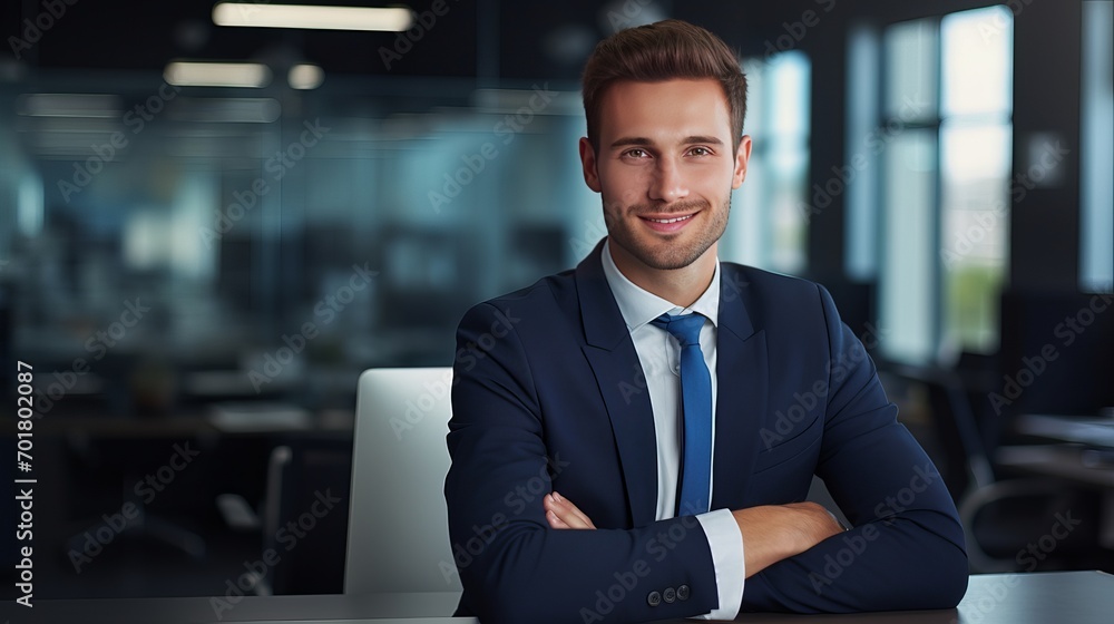A young, successful businessman is sitting at his workplace in an office setting. A young, successful businessman is sitting at his workplace in an office setting.