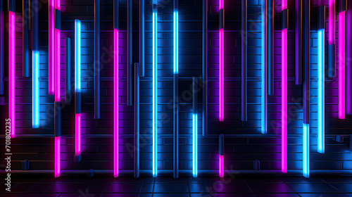 Neon wall with bright pink and blue neon tubes arranged in a grid pattern against a black background Ai Generative