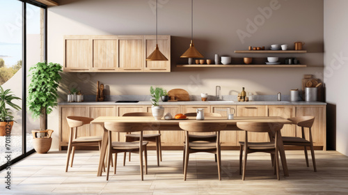Front view of a modern wooden kitchen in beige color with table and chairs. Kitchen interior design. 