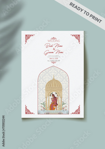 watercolor and leaves on wedding invitation card template, Wedding Invitation Template Layout With Indian Couple, wedding decorative colorful, peacocks, and tropical trees. (ID: 701802244)