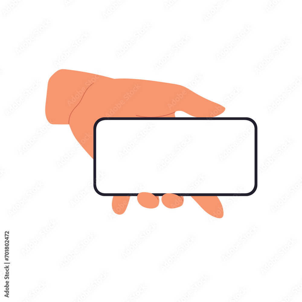 Mobile phone mockup in hand, horizontal smartphone screen Flat vector illustration isolated on white Mobile phone mockup in hand, horizontal smartphone screen Flat vector illustration isolated on white