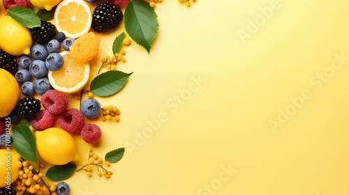 The background of the yellow copy space is filled with fruit from the forest