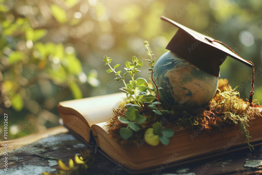 The concept of the World Environmental Education Day. A book with a globe in a graduation cylinder on the background of nature - obrazy, fototapety, plakaty 