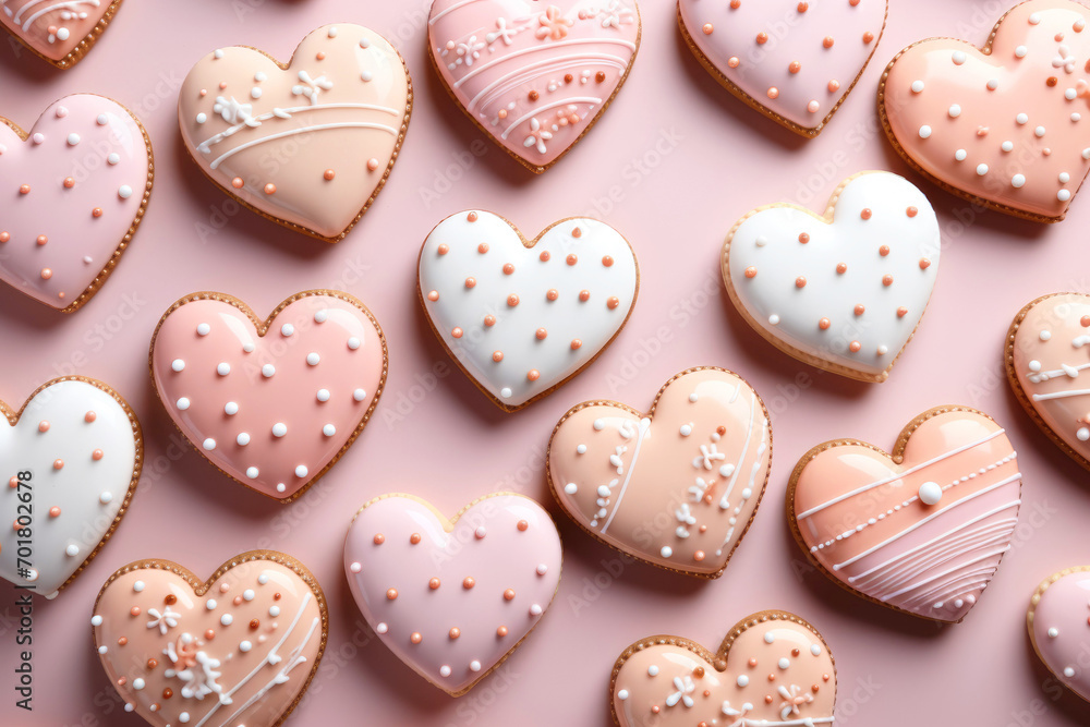 Heart shaped delicious glazed cookies, pink pastel background, top view. Homemade food.