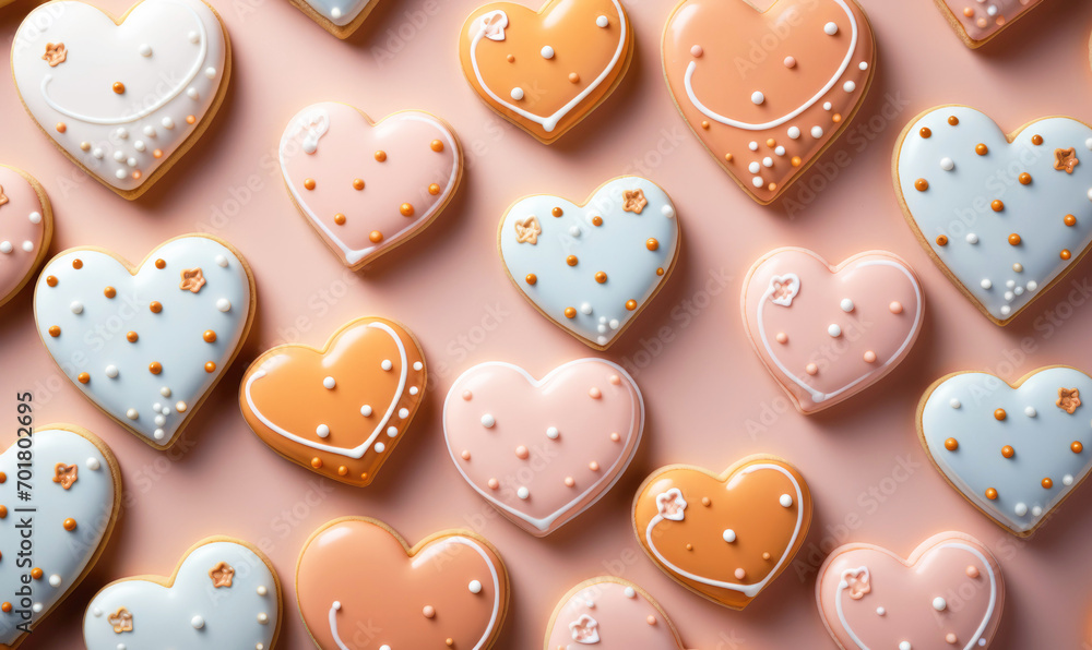 Heart shaped delicious glazed cookies, pink pastel background, top view. Homemade food.