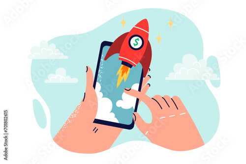 Mobile phone with flying rocket in hands of person, as metaphor for fast 5g internet in smartphone