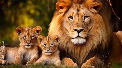 The lion family is lying on the grass