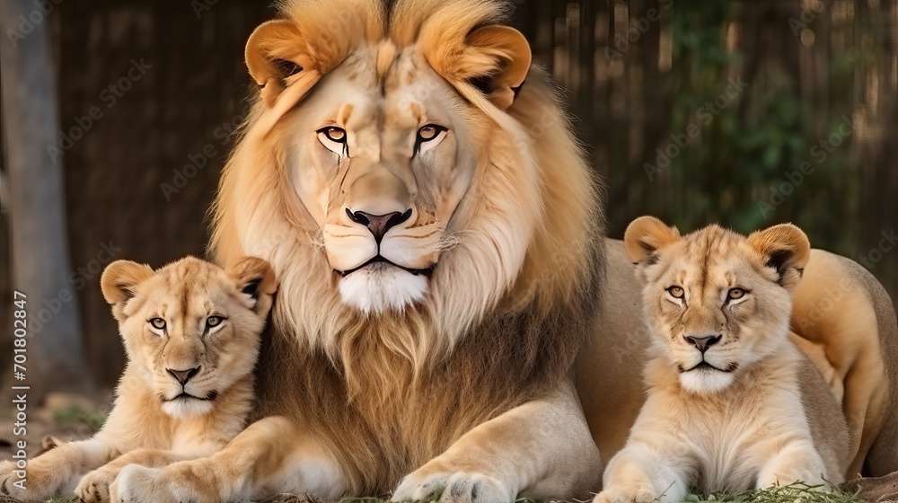 The lion family is lying on the grass