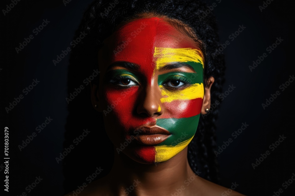 African-american woman over black background with red yellow green colors. Racial equality. Black History Month. Human rights, freedom, history, discrimination and activism.