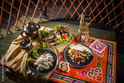 mongolian tsagaan sar food, mongolian lunar year meat food, national food on traditional table