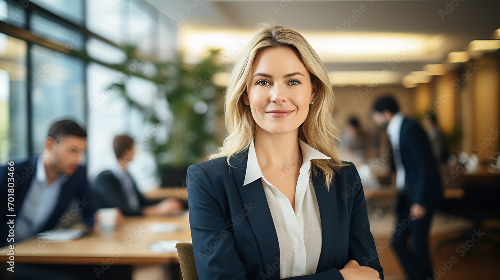 blonde women attorney staying in his office and people on background blonde women attorney staying in his office and people on background