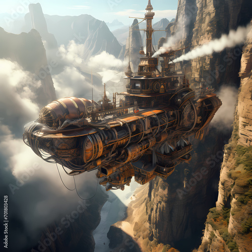 Steam-powered flying ship in a canyon.