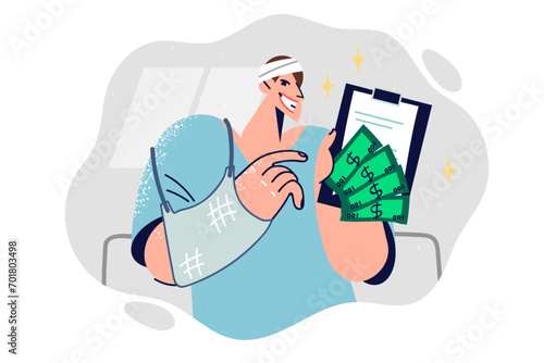 Man patient is happy to receive insurance that reimburses costs treatment at clinic after accident