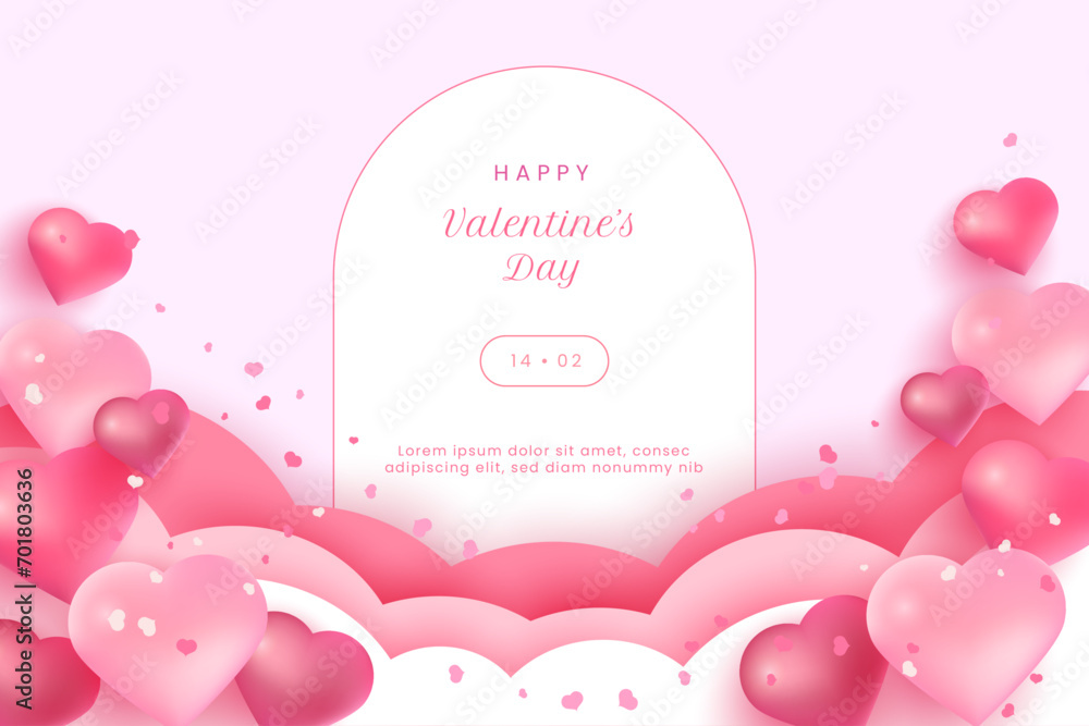 Valentine background with pink color, 3d heart. minimalist frame, clouds. For greeting card, banner, flyer, promotional, website, landing page.