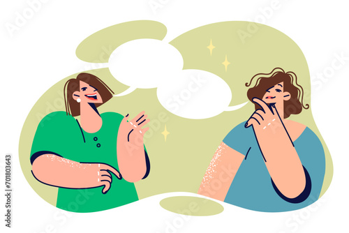 Women talking and sharing thoughts to exchange important information, stands near speech bubbles