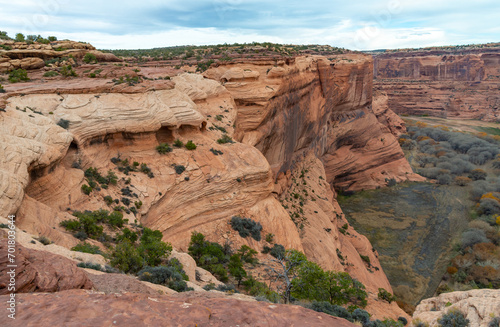 Desert landscape  view of red eroded rocks  Canyon de Chelly National Monument  Arizona