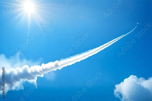 Photographie White steam trail from plane or rocket on blue clear sky