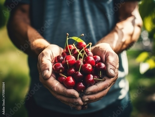 Close up of farmer male hands picking fresh cherries. the front view. Organic food, harvesting and farming concept