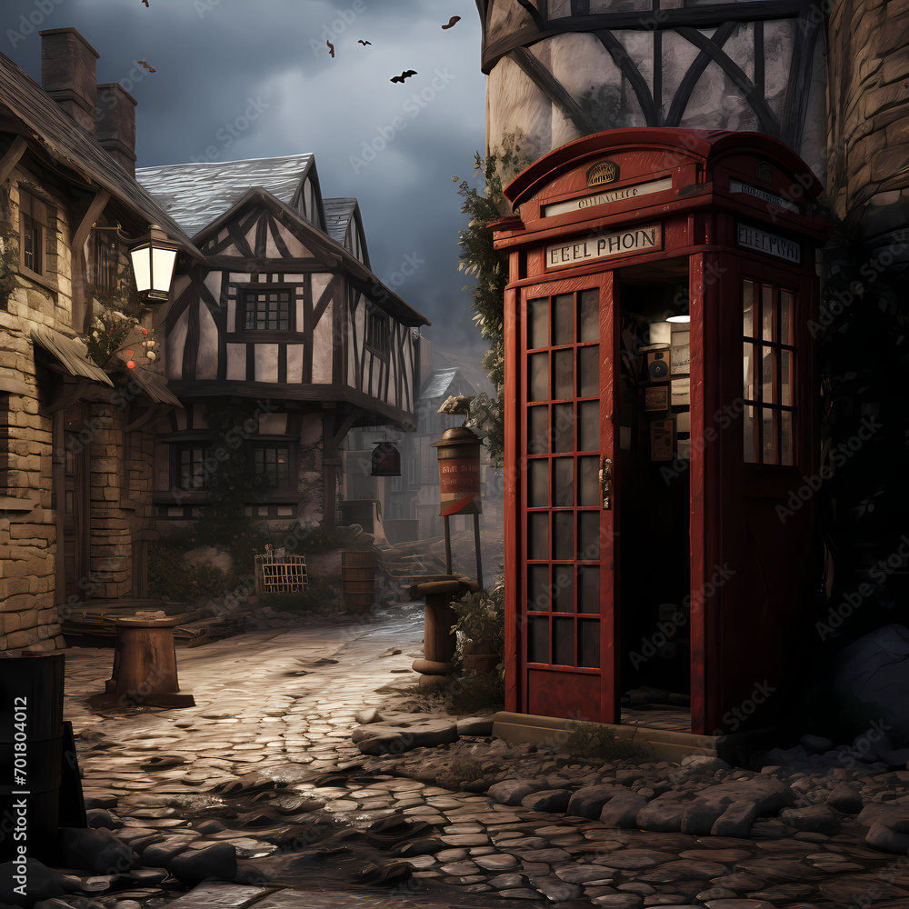 Time-traveling phone booth in a medieval village.