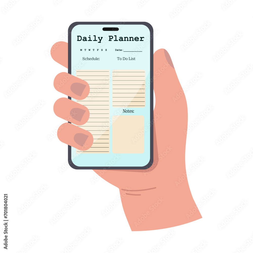 Smartphone with daily planner in hand. Flat style vector illustration. Smartphone with daily planner in hand. Flat style vector illustration.
