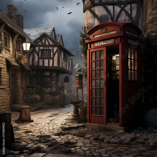 Time-traveling phone booth in a medieval village.