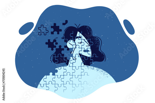 Collapse of personality of woman consisting of puzzles and suffering from schizophrenia