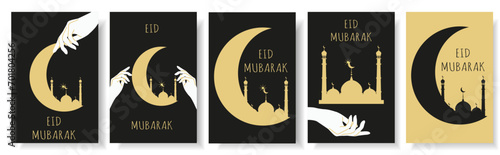 Set Design banner Islamic holiday Eid al Fitr with silhouette of Mosque in trendy Minimalist style. Golden Islamic Mosque on black background. Vector illustration can used web poster photo