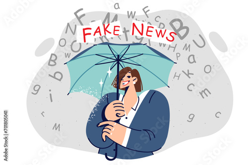 Woman trying to escape from fake news by holding umbrella over head to not listen misinformation