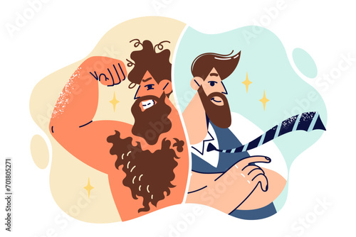 Evolution man who turned from neanderthal in businessman thanks to development and personal progress