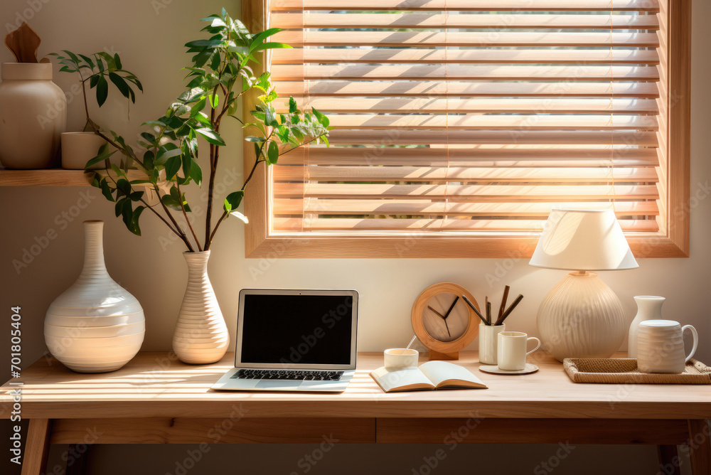 Cozy interior of a modern workplace with a laptop at home in Scandinavian style Cozy interior of a modern workplace with a laptop at home in Scandinavian style