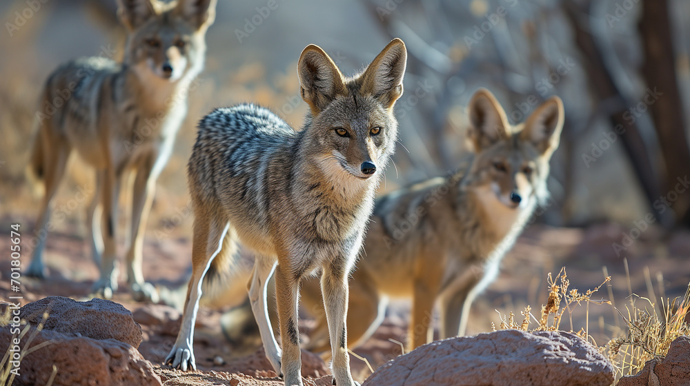Obraz premium Pack of coyotes in the desert, alert and looking at the camera